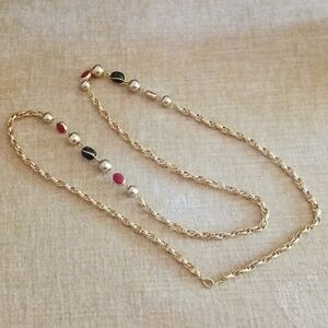 Gold Tone Vintage Black Red Bead Chain Necklace